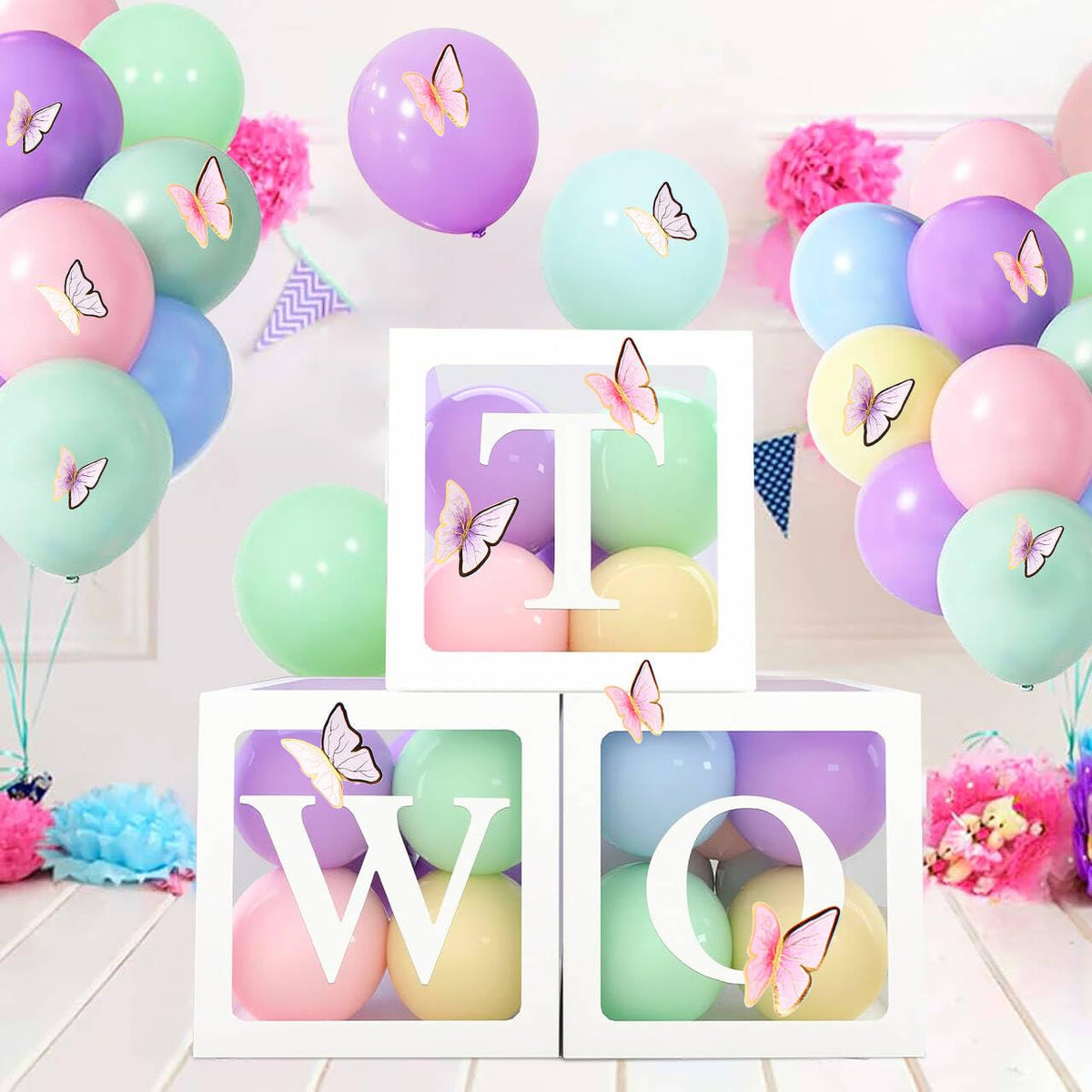 3Pcs Balloon Boxes,2nd Birthday Decorations Boxes for Girls,Birthday Box with TWO Letters and Pastel Balloons Butterfly Decorations for Baby Shower,One Boxes for 2 Year Old Birthday Decorations