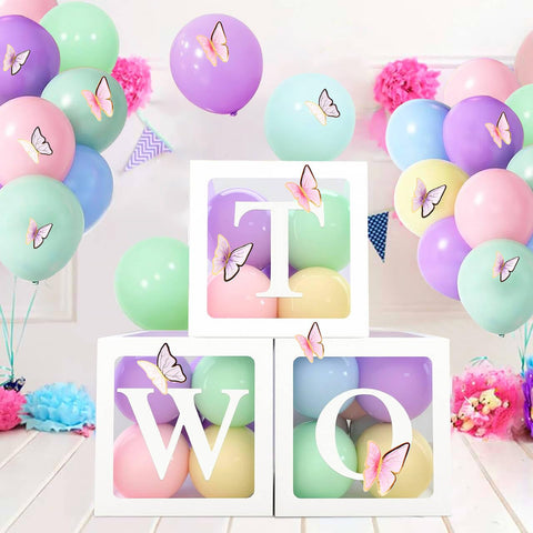 3Pcs Balloon Boxes,2nd Birthday Decorations Boxes for Girls,Birthday Box with TWO Letters and Pastel Balloons Butterfly Decorations for Baby Shower,One Boxes for 2 Year Old Birthday Decorations