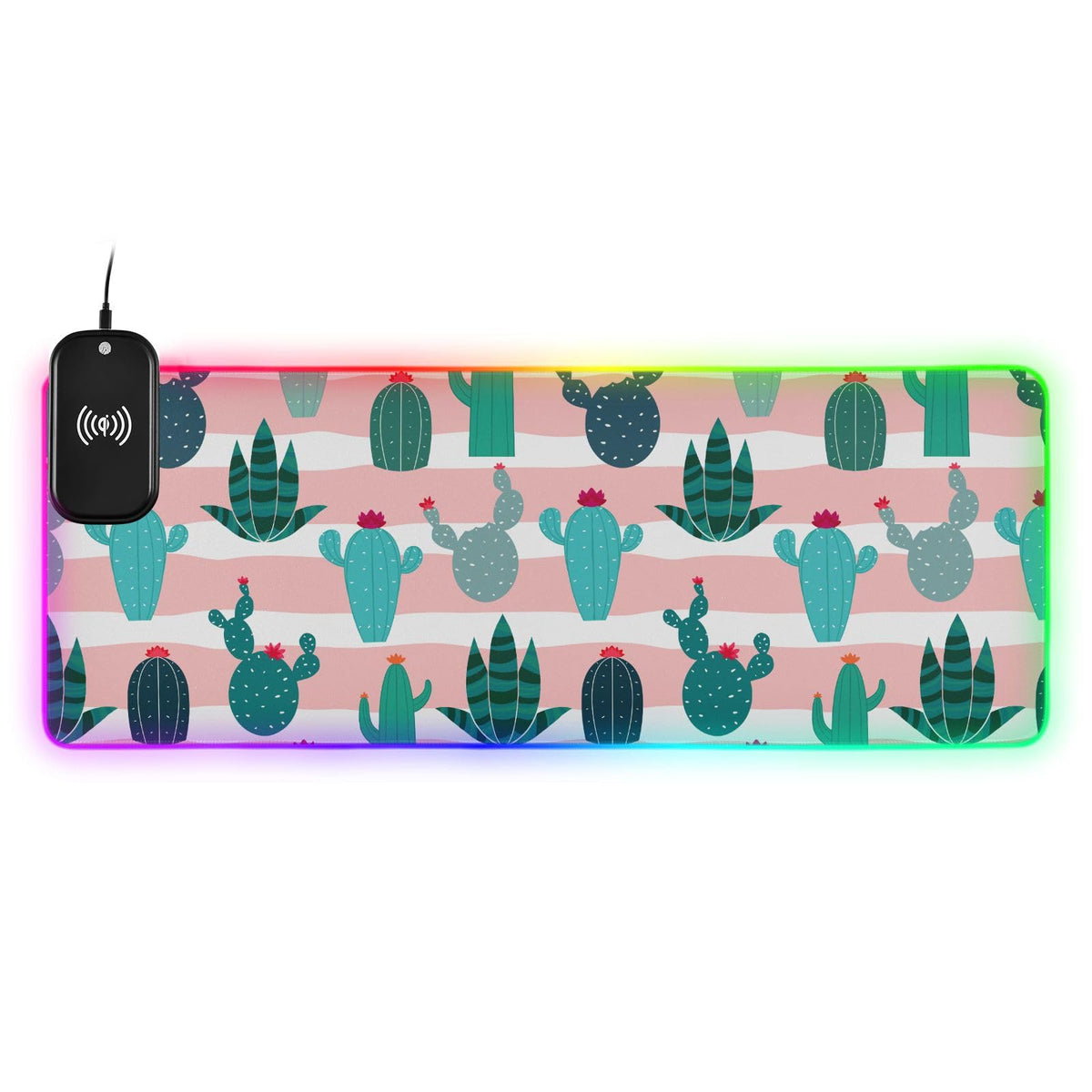Cactus Pattern Blooming Wireless Charging Mouse Pad for Mobile Phone Extra Large Gaming Mousepad with 13 Lighting Modes Keyboard Mat for Gaming MacBook PC Laptop Desk Home Office
