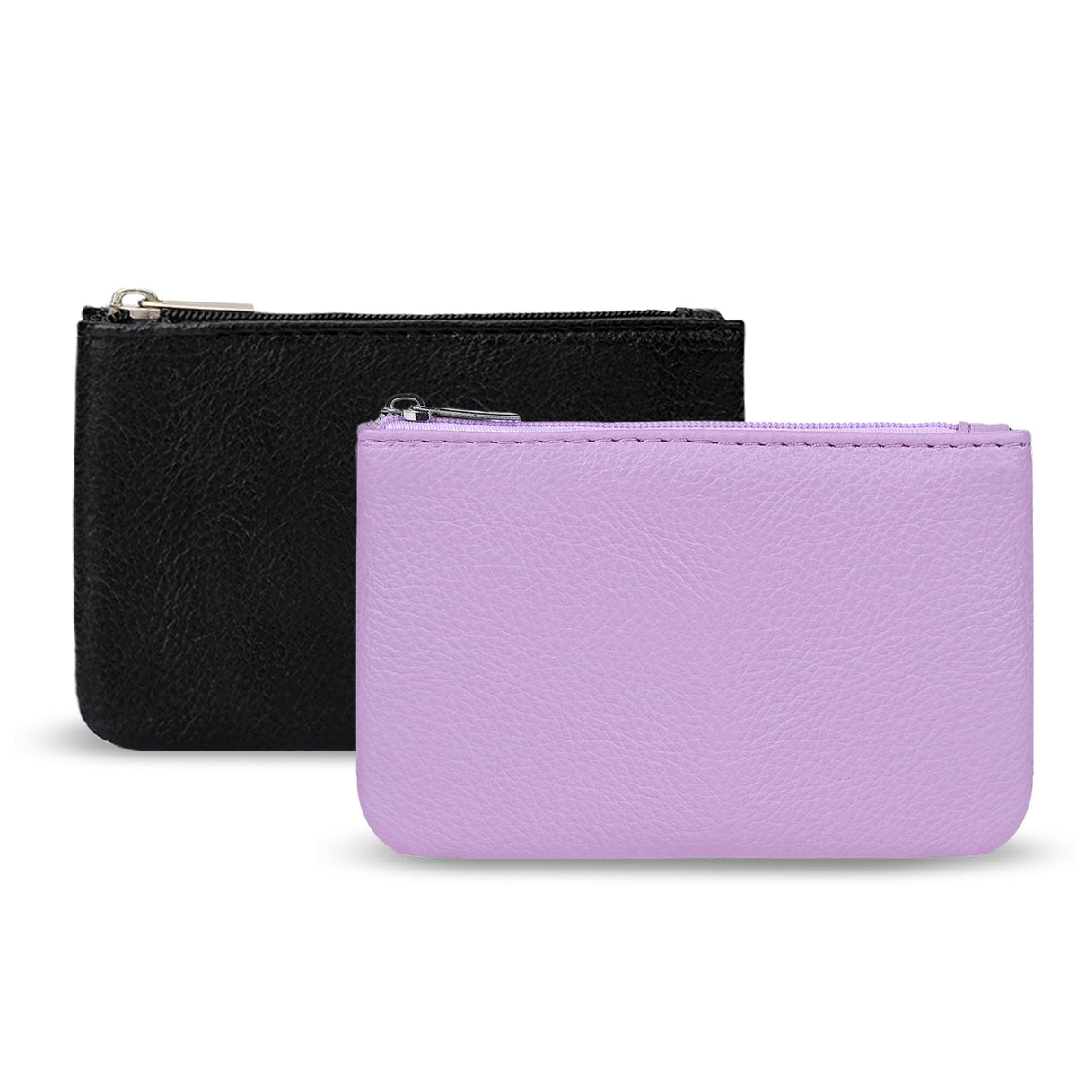 2 Pack Coin Purse, Portable PU Leather Coin Purse with Zipper Coin Purse Mini Change Purse Small Coin Purse for Women Credit Card Folded Bills ID Key Headset Lipstick(Black&Purple)