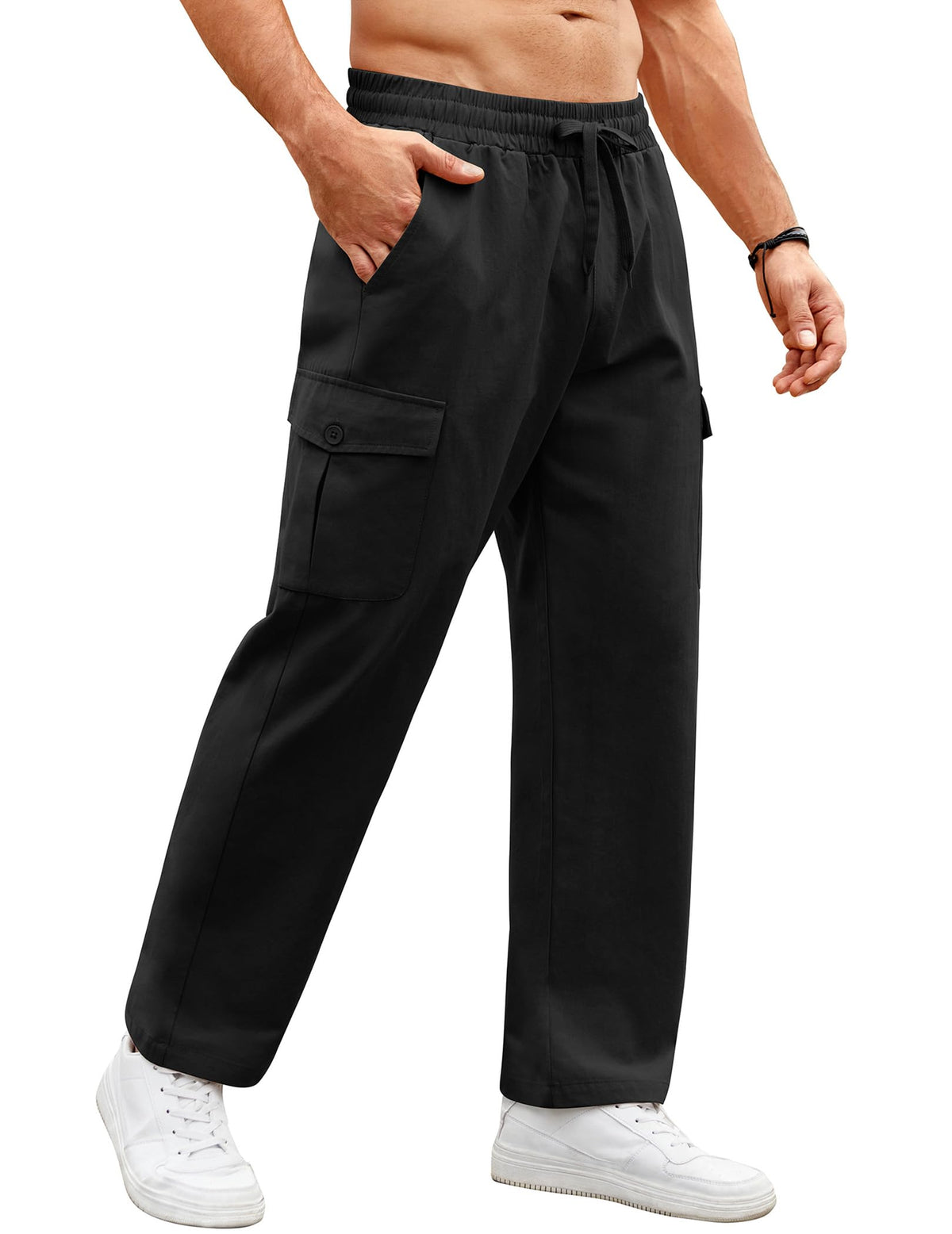 COOFANDY Mens Casual Cargo Pants Relaxed Fit Outdoor Hiking Pants Cotton Drawstring Sweatpants with Pockets, Black, X-Large