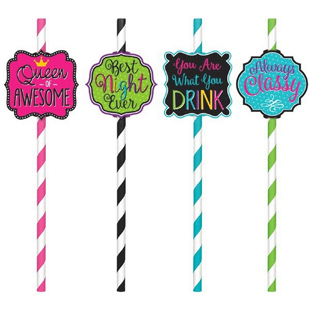 Amscan Fun Filled Multicolored Straws Fun Sayings Perfect for Parties, Picnics or Everyday Use (12 Pack), 9", Pink/Black/Blue/Green