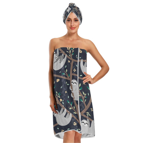 KEEPREAL Women's Spa Towel Wrap Set of 3, Cute Sloths Bathrobe Shower Bath Body Wrap with Adjustable Closure