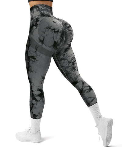 GILLYA Seamless Yoga Pants Seamless Workout Leggings for Women Tummy Control Butt Lift Scrunch Booty Leggings Ribbed Tie Dye, 1#Upgrade Black Tie Dye, XL