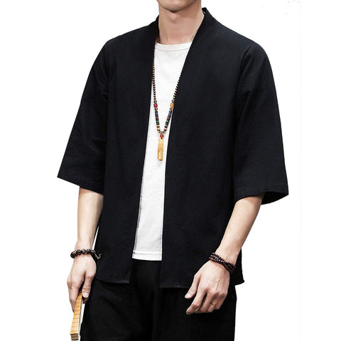 PRIJOUHE Men's Kimono Jackets Cardigan Lightweight Casual Cotton Blends Linen Seven Sleeves Open Front Coat Outwear