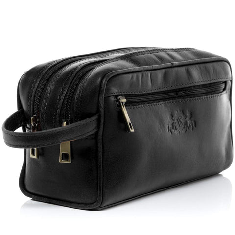 SID & VAIN wash Bag GATWICK Large Travel Overnight Wash Gym Shaving Bag for Real Leather Toiletry Bag Women Men Unisex Black