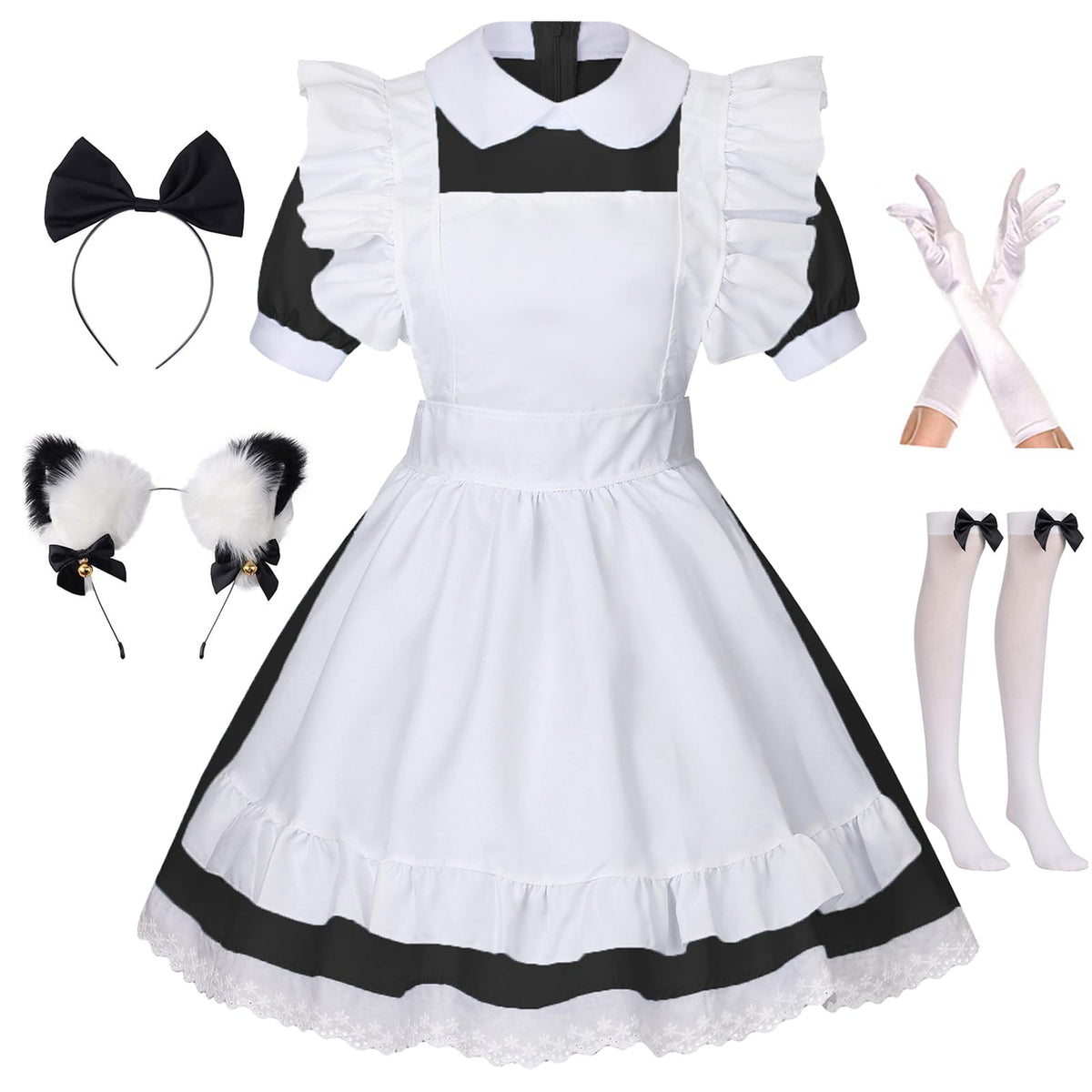 GRAJTCIN French Maid Costume Womens Anime Cosplay Lolita Maid Outfit Halloween Dress Up Apron Cat Ear Headband Socks (S, Black)