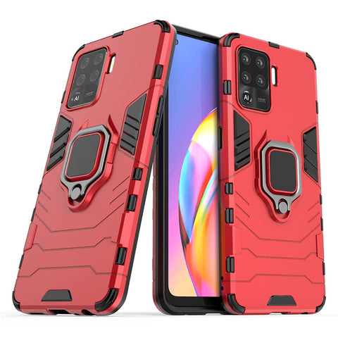Compatible with Oppo A94, Oppo F19 Pro Case, Metal Ring Grip Kickstand Shockproof Hard Bumper (Works with Magnetic Car Mount) Dual Layer Rugged Cover (Red)