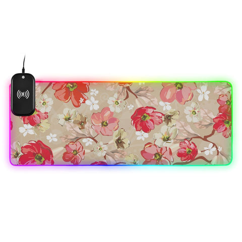 Flower Florals Wireless Charging Mouse Pad for Mobile Phone Extra Large Gaming Mousepad with 13 Lighting Modes Mouse Mat for MacBook PC Laptop Desk Office Home Gaming