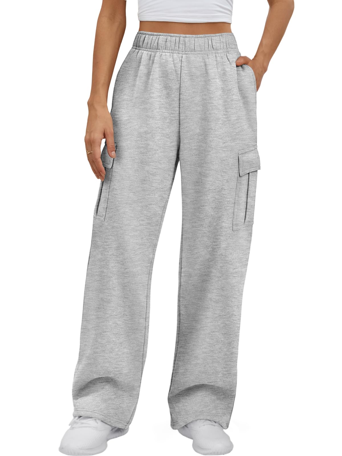 ATHMILE Wide Leg Sweatpants Women Cargo Casual Baggy Fleece High Waisted Joggers Pants Gray