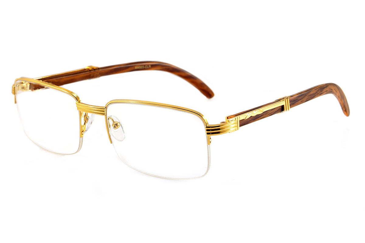 Fabeaulux Classic Semi-Rimless Metal Frame & Wood Grain Arm Reading Glasses Reader A258 (Gold Brown, 2.0)