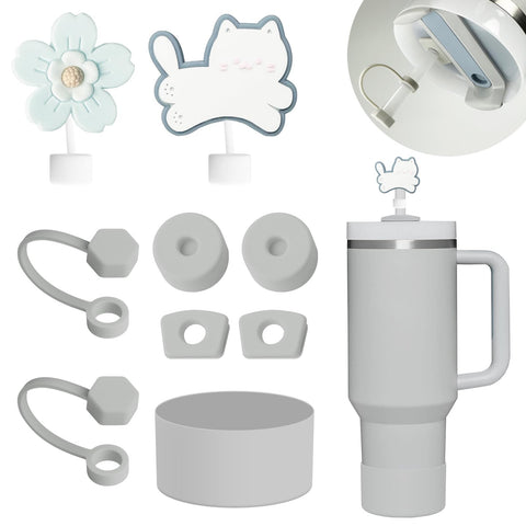 Cup Accessories Set Includes 6Pcs Silicone Spill Proof Stopper, 2Pcs Straw Cover Cap for 9-10 mm Straw, 1Pcs Silicone Boot Compatible with Stanley Cup 40oz&30oz Tumbler(Fog)