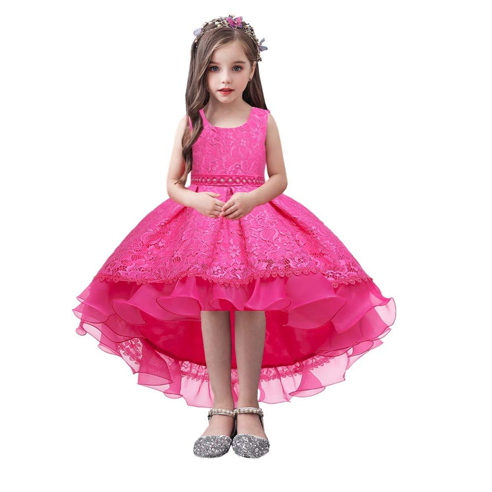 HIHCBF Flower Girls High Low Lace Dress Princess Wedding Pageant Birthday Christmas Party Formal Evening Dance Ball Gown Hot Pink 13-14T