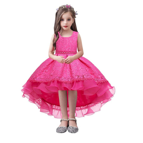 HIHCBF Flower Girls High Low Lace Dress Princess Wedding Pageant Birthday Christmas Party Formal Evening Dance Ball Gown Hot Pink 13-14T