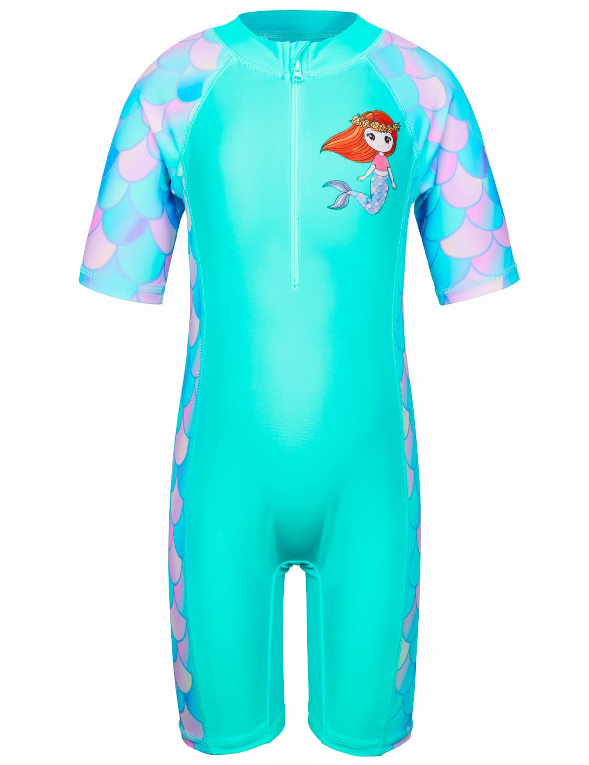 HUAANIUE Girls Swimsuit 2-12 Years One Piece UV Protection UPF50+ Short Sleeve Front Zip Colourful Print Pattern Ideal for Swimming & Beach, S234-cyan dandruff, 2-3 Years