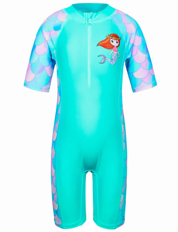HUAANIUE Girls Swimsuit 2-12 Years One Piece UV Protection UPF50+ Short Sleeve Front Zip Colourful Print Pattern Ideal for Swimming & Beach, S234-cyan dandruff, 2-3 Years