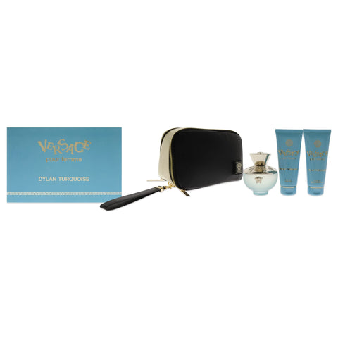 Versace Dylan Turquoise Pour Femme EDT Spray 3.4oz Gift Set - 4 Pc Set with Body Gel, Bath and Shower Gel, Pouch