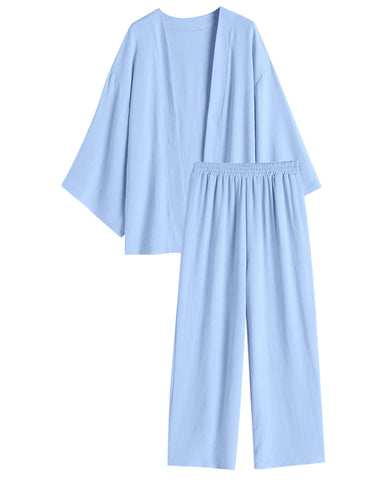ZAFUL Womens Set 2 Piece Wide High Waist Pant And Linen Long Sleeve Kimonos Cardigan Lounge Set