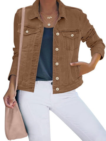 luvamia Women's Classic Casual Long Sleeves Jacket Basic Button Down Trucker Jacket Coat Jackets for Women Spring Jackets for Women Brown Size X-Small Fits Size 0 / Size 2
