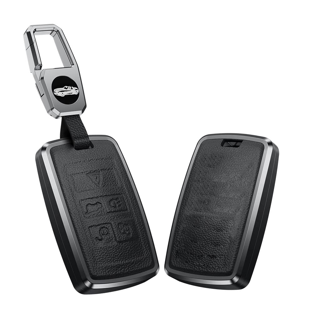 KUNIO Key Cover fit for Land Rover Discovery 5 fit for Range Rover Sport Evoque Velar LR2 LR4 fit for Jaguar XE XJ Aluminium Alloy Leather Car Key Case Key Fob Key Case Black