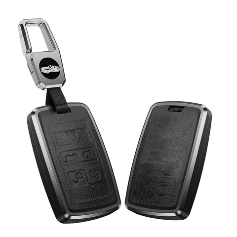 KUNIO Key Cover fit for Land Rover Discovery 5 fit for Range Rover Sport Evoque Velar LR2 LR4 fit for Jaguar XE XJ Aluminium Alloy Leather Car Key Case Key Fob Key Case Black