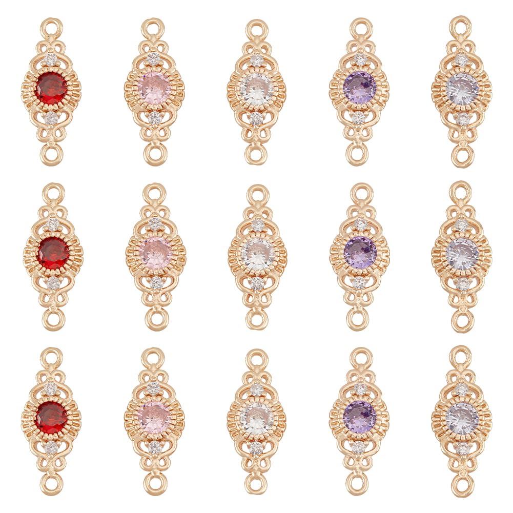 BENECREAT 15pcs 5 Colors 18K Gold Plated Brass Connector Charms Micro Pave Cubic Zirconia Links Rhombus Links with 2 Loop for Bracelets Necklace, Jewelry Making, 20x8x3mm