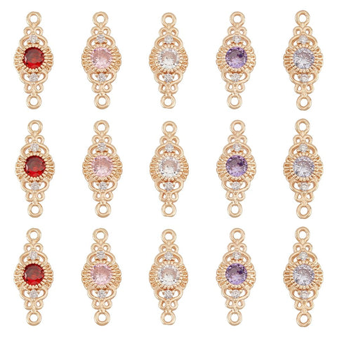 BENECREAT 15pcs 5 Colors 18K Gold Plated Brass Connector Charms Micro Pave Cubic Zirconia Links Rhombus Links with 2 Loop for Bracelets Necklace, Jewelry Making, 20x8x3mm