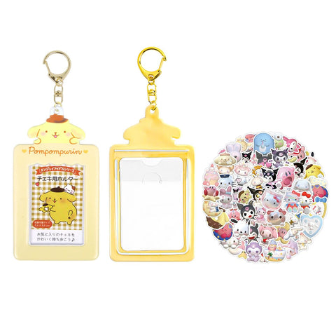01 Kawaii Photocard Holder + 22 Cute Stickers Kawaii Kpop Photocard Holder Keychain Pendant Storage Bag Stationery Card Case (Yellow)