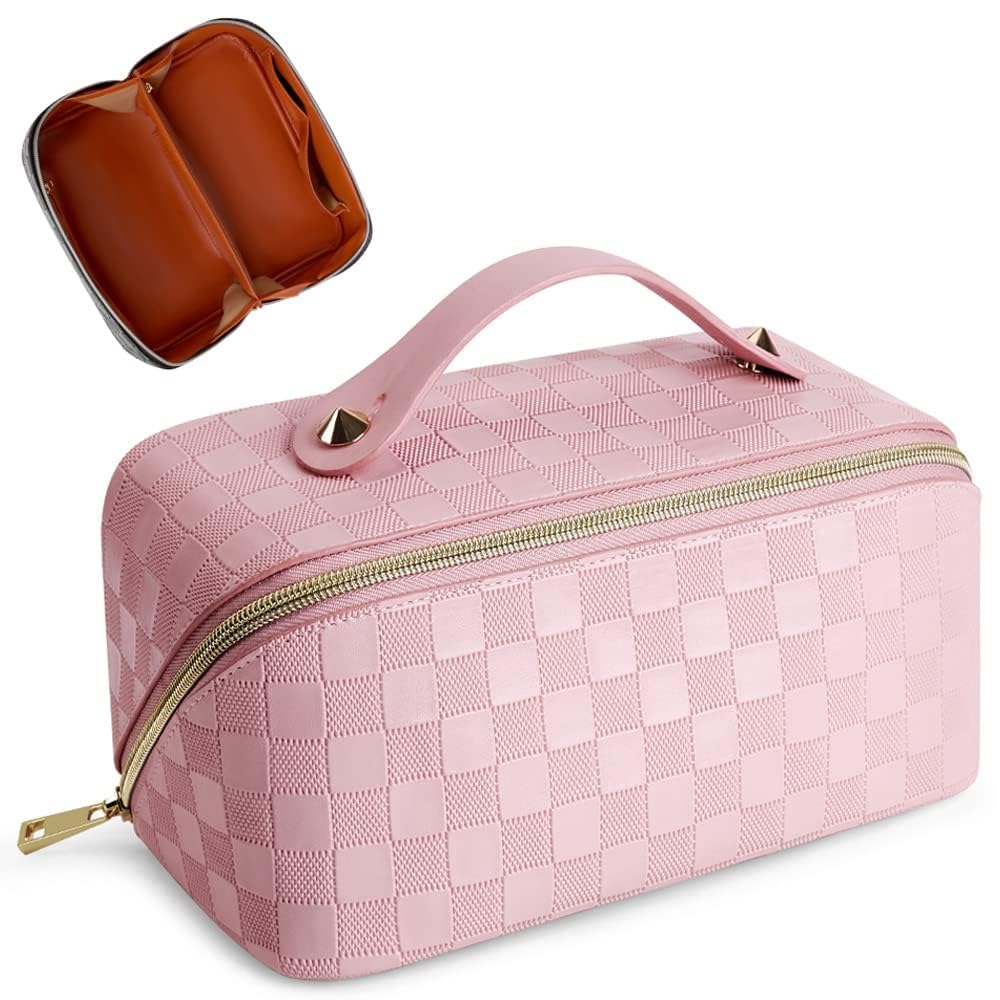Large Capacity Travel Cosmetic Bag Plaid Checkered Makeup Bag Portable Leather Waterproof Skincare Bag with Handle and Divider for Women 01-Pink, 01-Pink, Causal