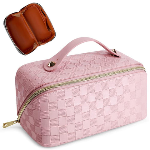 Large Capacity Travel Cosmetic Bag Plaid Checkered Makeup Bag Portable Leather Waterproof Skincare Bag with Handle and Divider for Women 01-Pink, 01-Pink, Causal