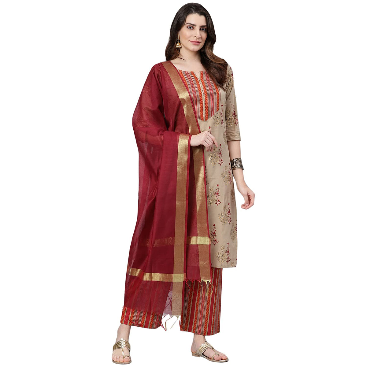 Idalia Boota Printed Kurta with Stripes Palazzo Pants and Dupatta (XS)