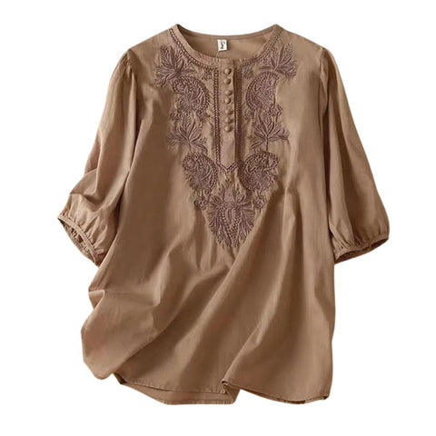 Women's Embroidery Cotton Linen Shirt Summer Casual Loose Crew Neck Half Sleeve Cotton Linen Tops 02_Khaki 3XL