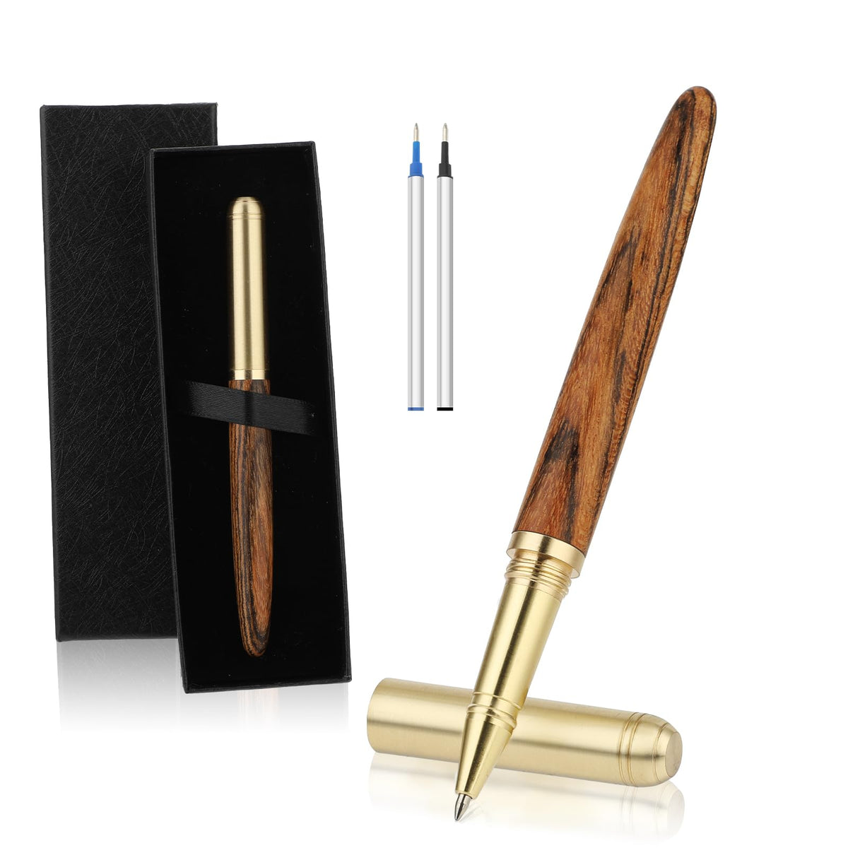 Retro Wooden Rollerball Pen, Heavy Duty 0.5mm Fine Point Ballpoint Pens with 2 Ink Refills Fancy Roller Ball Pen for Journaling Office School Supplies