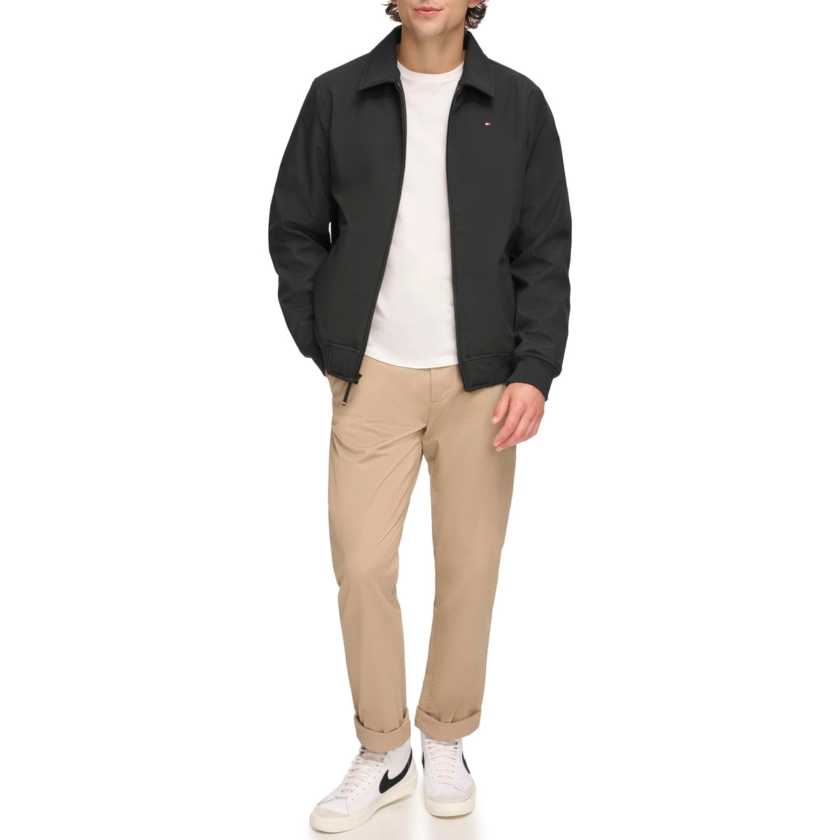 Tommy Hilfiger Men's Lightweight Water Resistant Varsity Bomber Jacket Shell, Black Softshell W. Laydown Collar, L