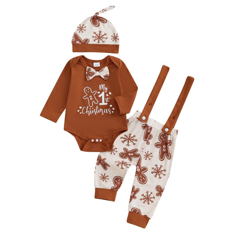 MAHUAOYIXI Newborn Baby Boys Christmas Outfits Gingerbread Print Long Sleeve Romper and Suspender Pants with Hat Infant Boys 3Pcs Christmas Clothing Set (Brown, 0-3 Months)