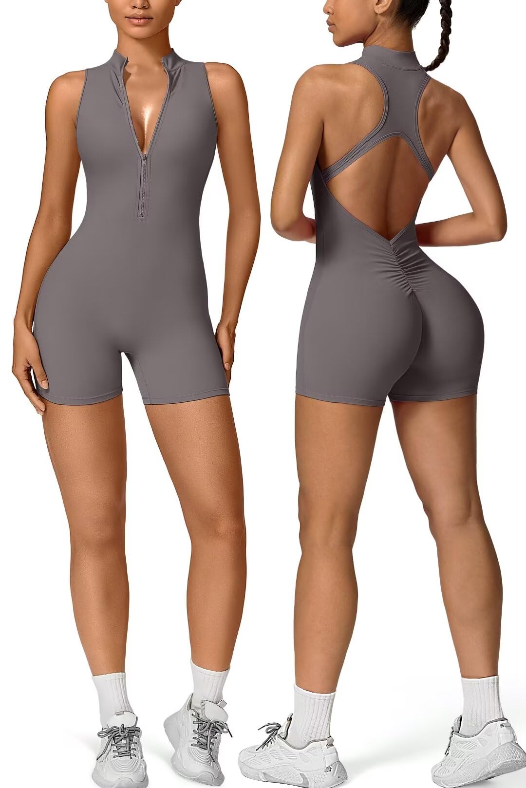Vertvie Workout Jumpsuits for Women Zip Up Tummy Control Sleeveless One Piece Rompers Shorts V Back Scrunch Yoga Bodysuit(Grey,X-Small)
