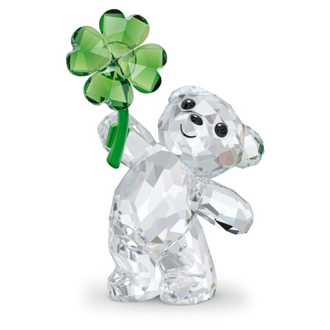 SWAROVSKI Kris Bears Lucky Charm Figurine, Clear Swarovski Crystal with a Green Four-Leafed Clover Accent, Part of the Swarovski Kris Bears Collection