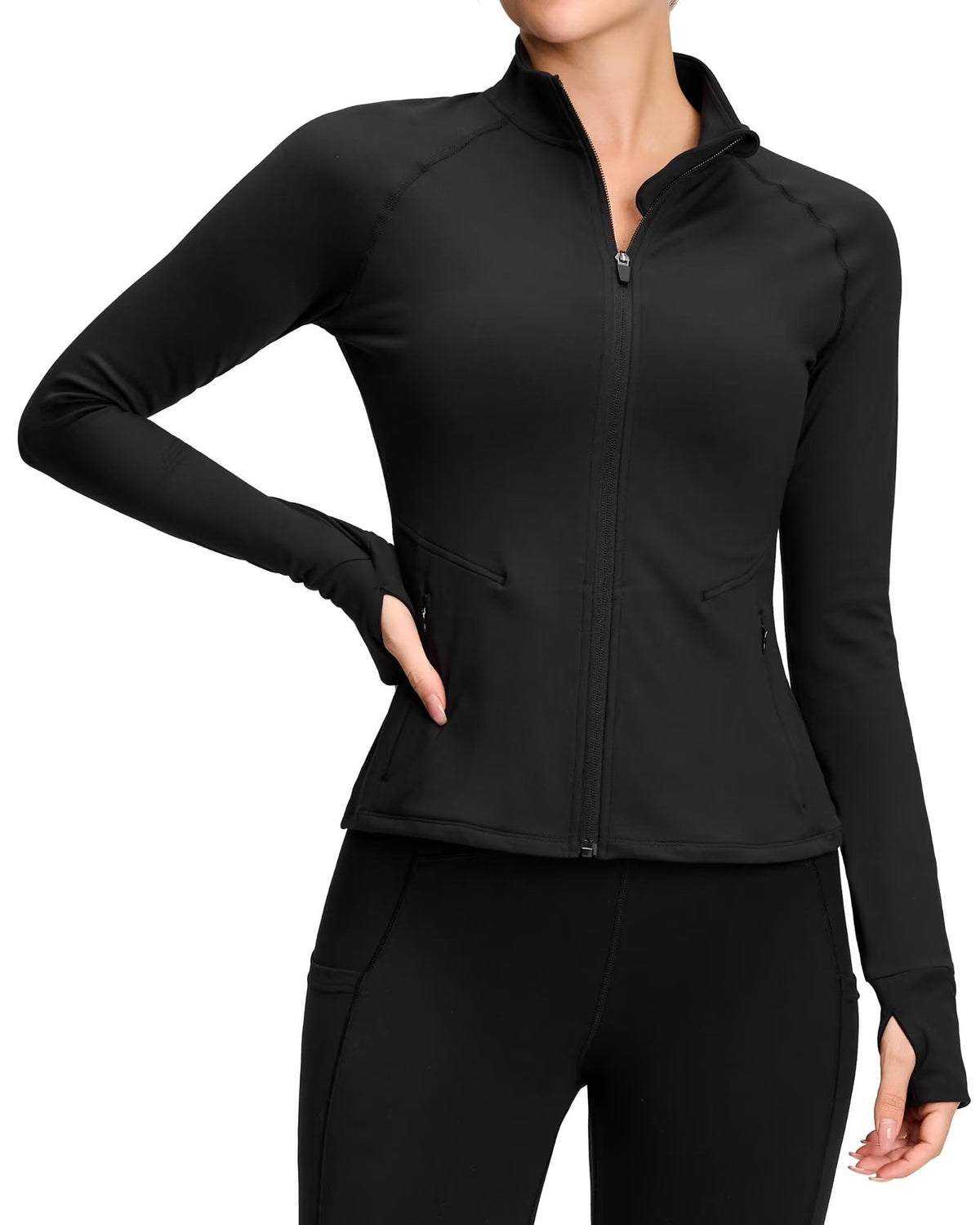 QUEENIEKE Womens Workout Jacket Lightweight Full Zip Running Track Jacket Slim Fit Yoga Cropped Tops with Thumb Holes XS Black