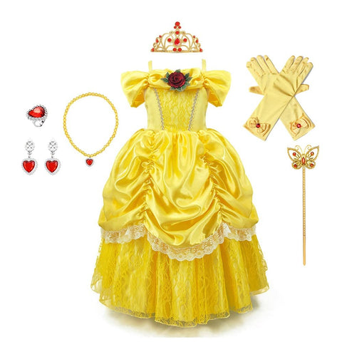 HIHCBF Girls Beauty and The Beast Costume Belle Princess Birthday Party Christmas Halloween Fancy Lace Dress w/Accessories Yellow 12-13T