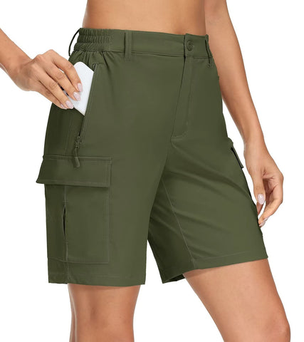 MAGCOMSEN Women Walking Shorts Ladies Lightweight Quick Dry Outdoor Stretch Walking Shorts with Zip Pockets Elastic Waistband Army Green,L