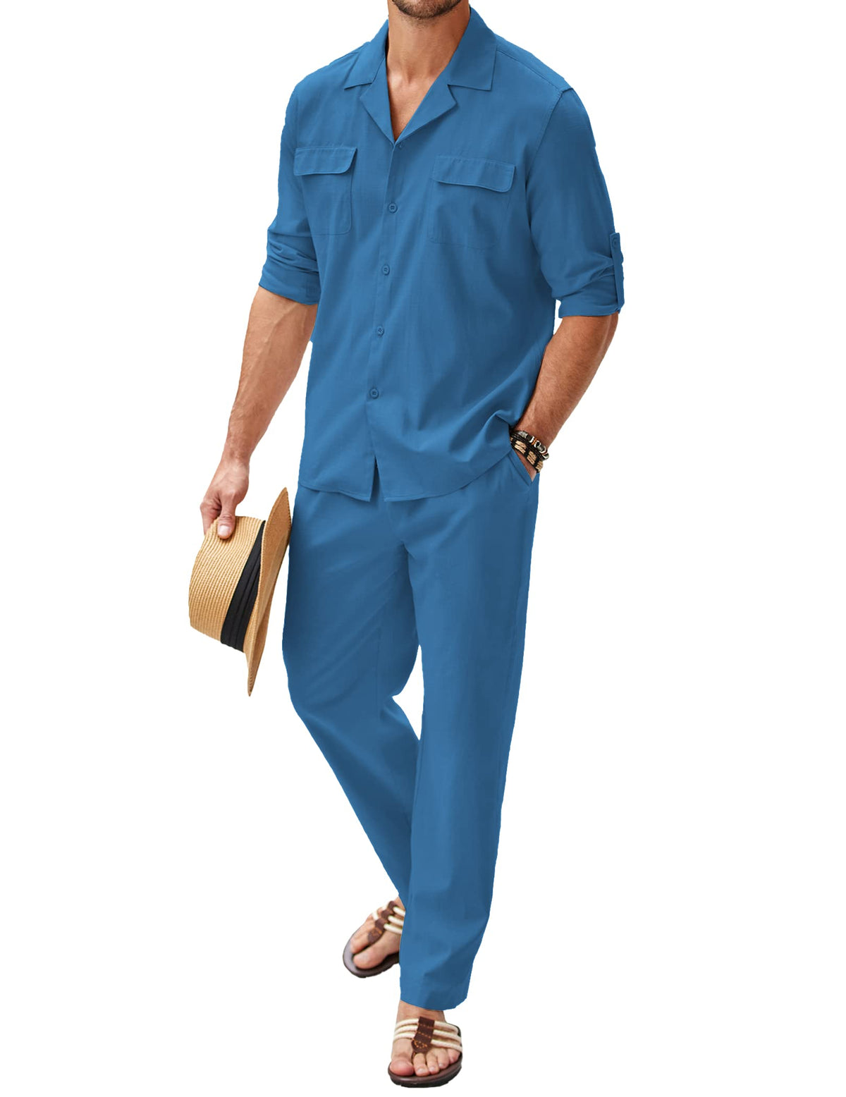 COOFANDY Men 2 Piece Outfits Cotton Linen Set Long Sleeve Button Down Shirt and Casual Beach Pants Summer Suit