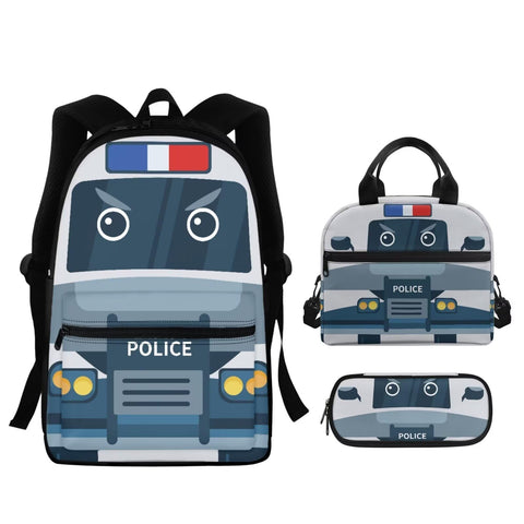 Uppodwarkid Police Car Backpack for Boys Middle School Students Bookbag with Lunch Box Pencil Case Perfect for Student Back to School Supplies Trendy Backpack 3 in 1 Set Nice Holiday Gifts