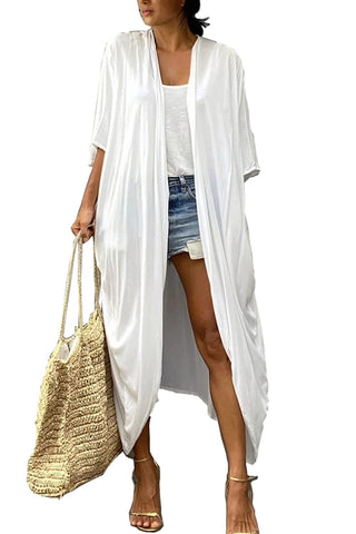 YouKD Bohemian Kimono Dress Long Cardigan Large Size Homewear Cover Up Dress for Women H White