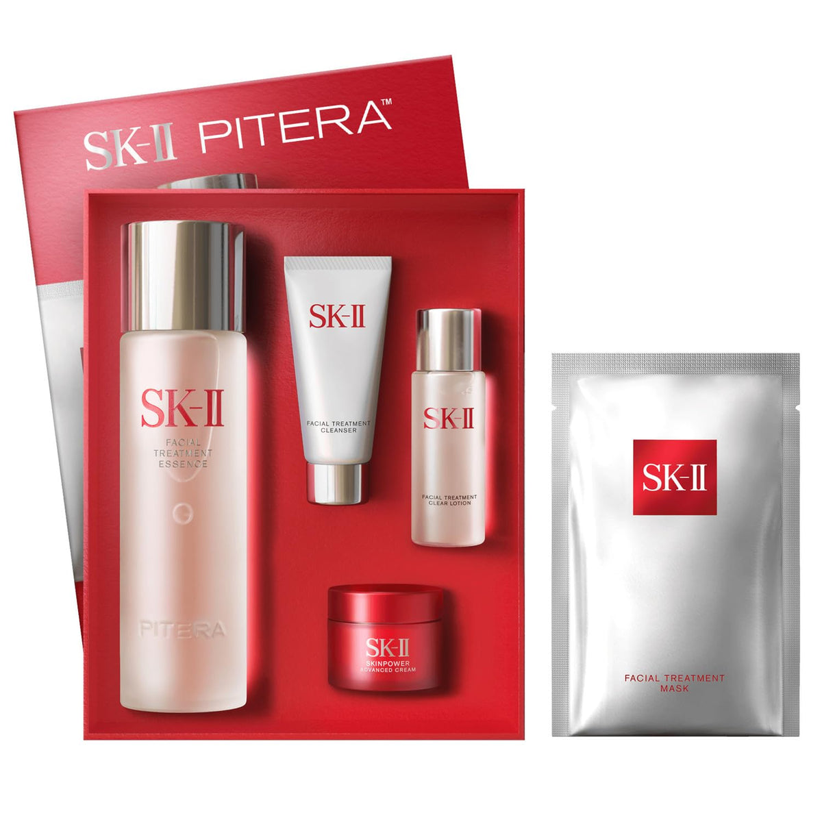 SK-II Cult Favorites Skincare Set for Women - 5 Pc 0.5oz Facial Treatment Cleanser, 1oz Treatment Clear Lotion, 5.3oz Treatment Essence, 0.4oz Skinpower Advanced Cream, 1 Pc Treatment Mask