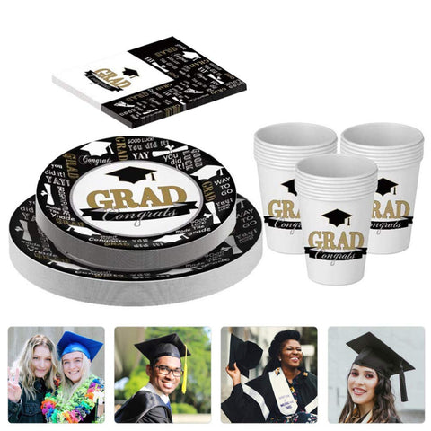 PRETYZOOM Disposable Plates Black Dinnerware Sets Congrats Grad Party Supplies 68Pcs Disposable Dinnerware Set Include Paper Plates Napkins Cups Graduation Party Supplies Black Dinnerware Gold Decor