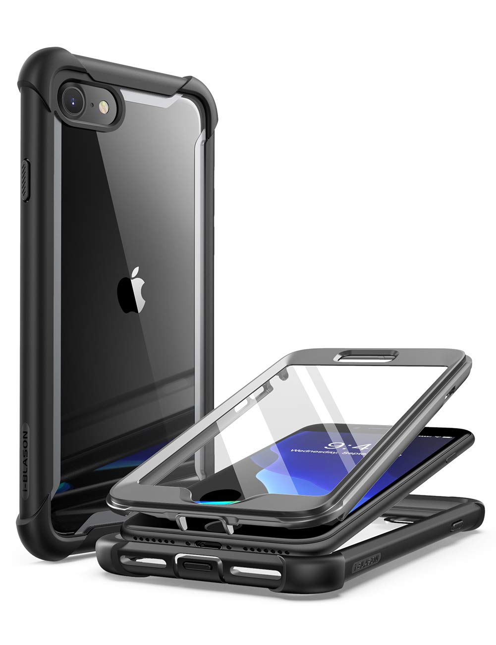 i-Blason Ares - Cellular Phone Case for iPhone SE 2022/2020, 8, 7, Dual Layer Rugged Clear Bumper Case with Built-in Screen Protector (Black)