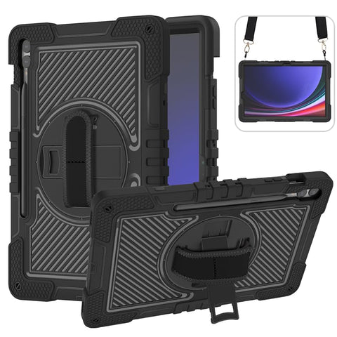 Tablet Case for Samsung Galaxy Tab S9 FE/S9 Plus X810/X816B/X818U 12.4 Inch Heavy Duty Rugged Case, Three-Layer Shockproof, 360 Degree Rotation Kickstand, with Hand Shoulder Strap, Full Black