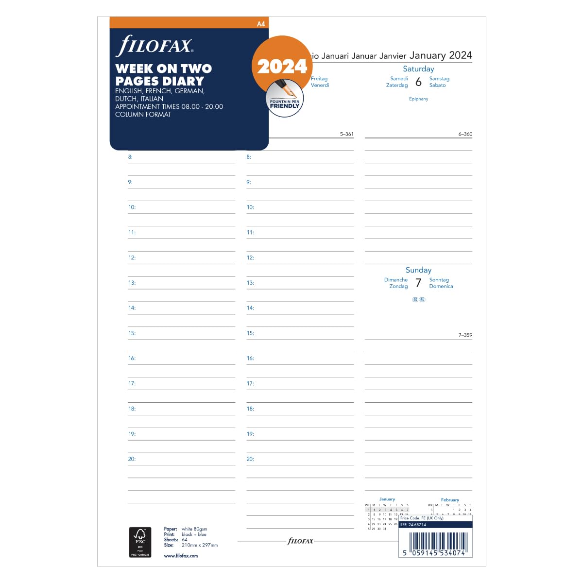 Filofax A4 Week on Two Pages 5 Language Appointments 2024 Diary, White
