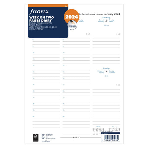 Filofax A4 Week on Two Pages 5 Language Appointments 2024 Diary, White