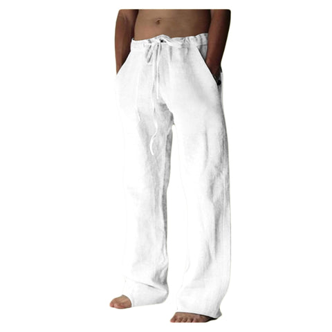 Jueshanzj Men's Pants Cotton Linen Linen Loose Pants Elastic Waist tie Rope White 4XL